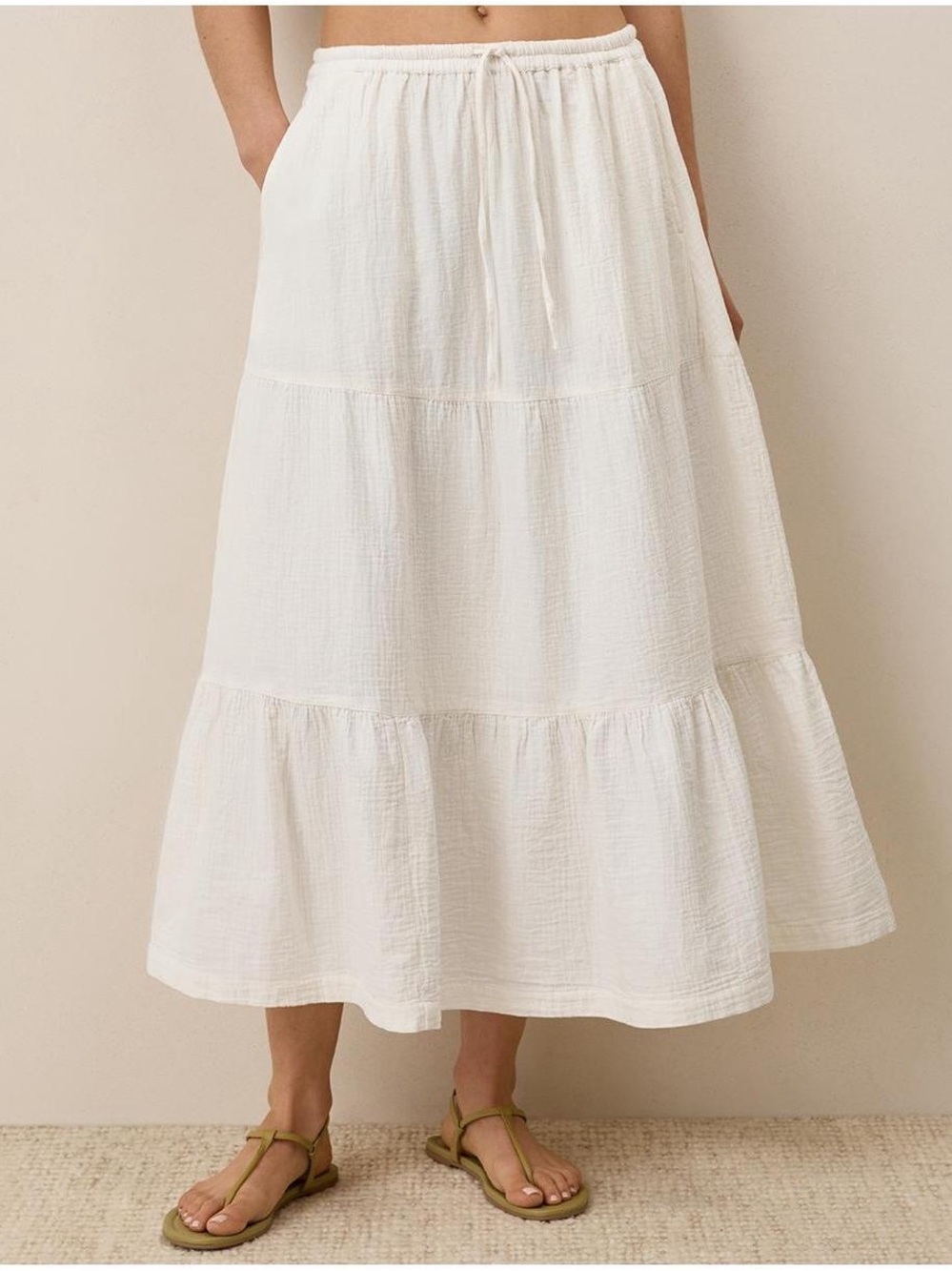 See You Monday Ivory Tiered Drawstring Midi Skirt